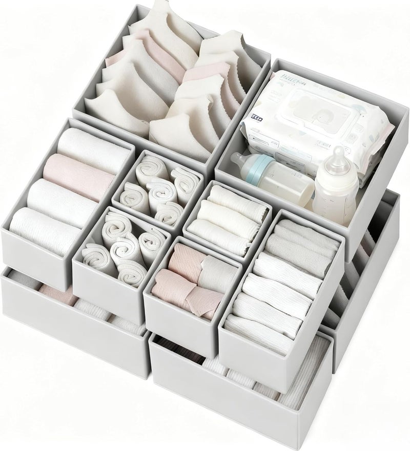 Criusia Drawer Organizer Clothes 12 Pack, Dresser Organizer for Nursery Bedroom Closet Organization and Storage - Baby Clothes Organizer Bins - Drawer Divider for Sock Underwear Bra Ties (Grey) - Image 1